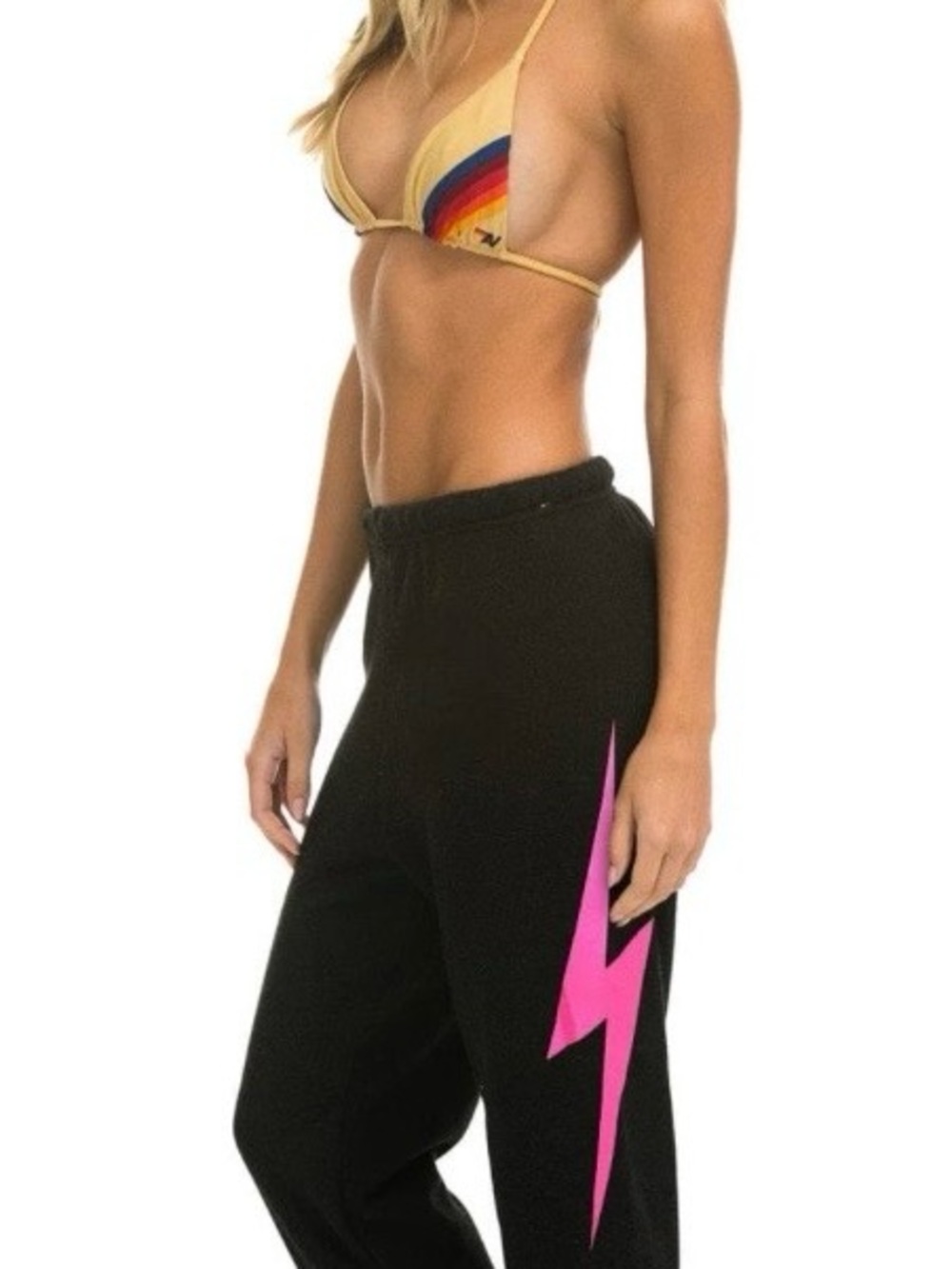 Aviator Nation Bolt Jogger Sweatpants in Black with Neon Pink Lightning Bolt -S